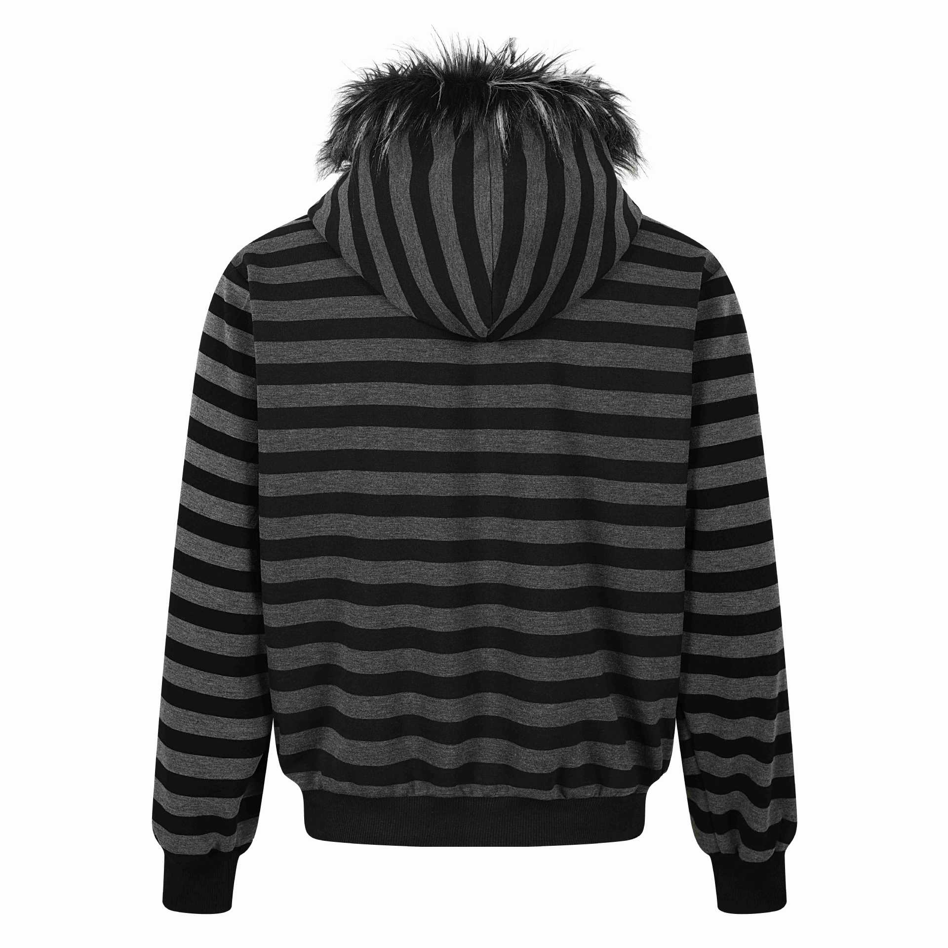 Unisex Striped Hooded Jacket with Faux Fur Hood and Zipper Pockets Chichicherry