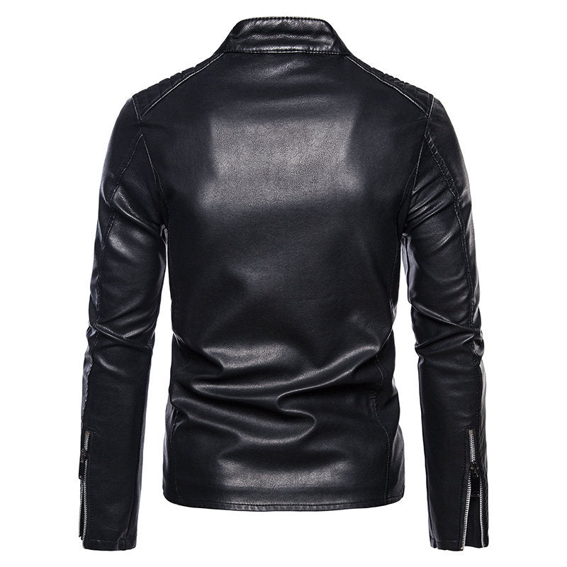 Men's Slim Faux Leather Biker Jacket with Stand-up Collar, Quilted Inserts and Zipper Pockets Chichicherry