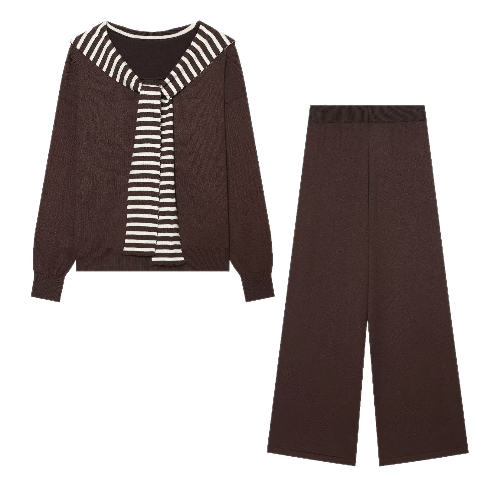 Women's Knitting Set with Sailor Collar Sweater and Wide Culotte Pants Chichicherry