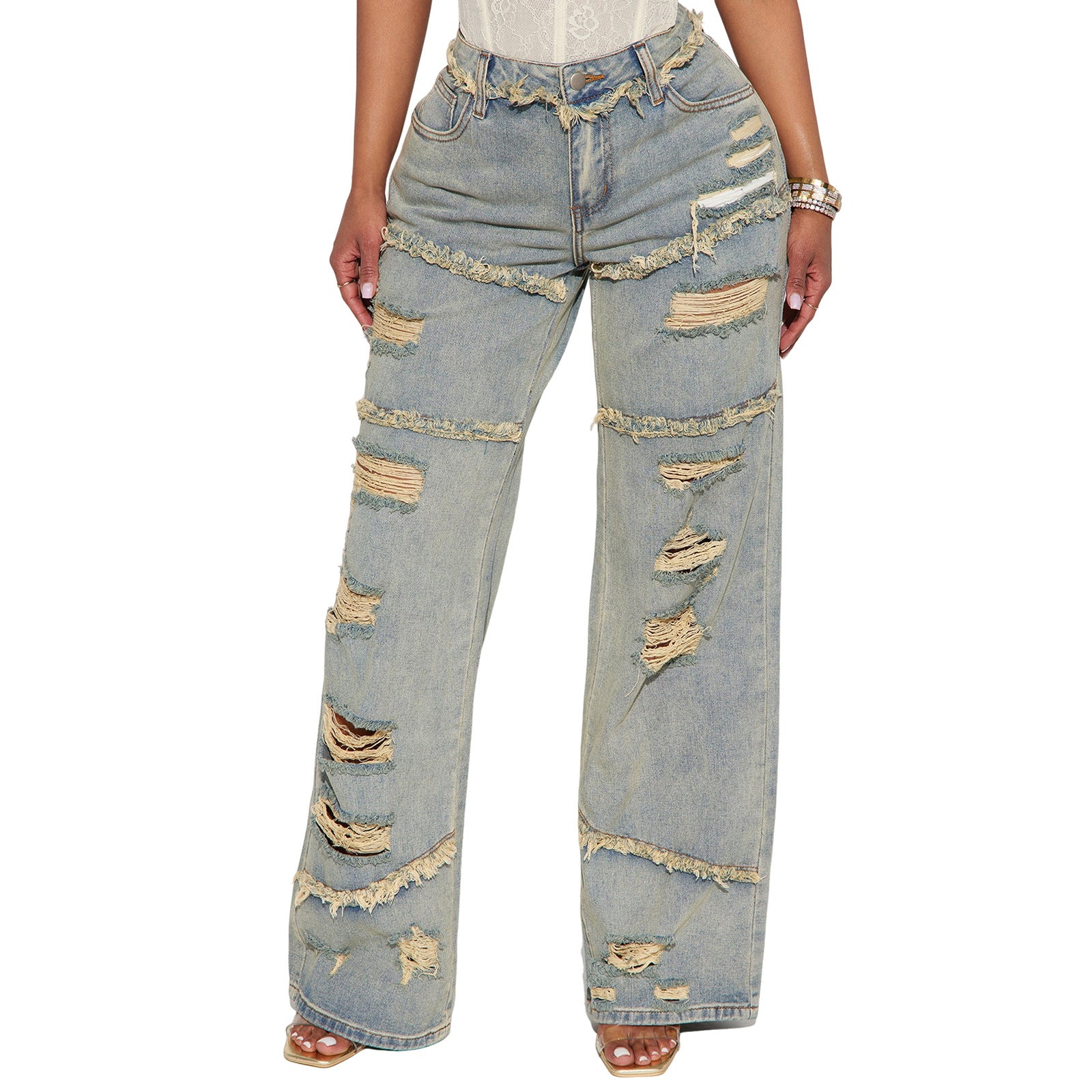 Women High Waisted Oversized Jeans with Wide Leg and Frayed Rips Chichicherry