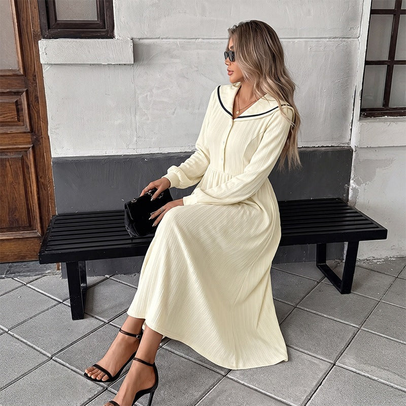 Women's maxi dress with sailor collar, fine ribbed knit and tailored silhouette Chichicherry