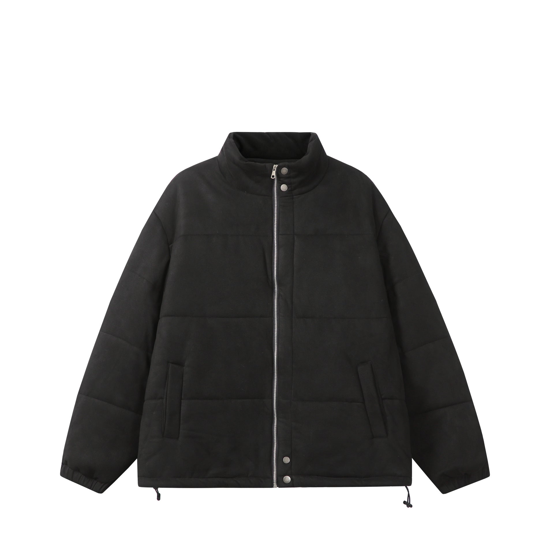 Unisex Boxy quilted jacket in velvet finish with high funnel collar and adjustable hem Chichicherry
