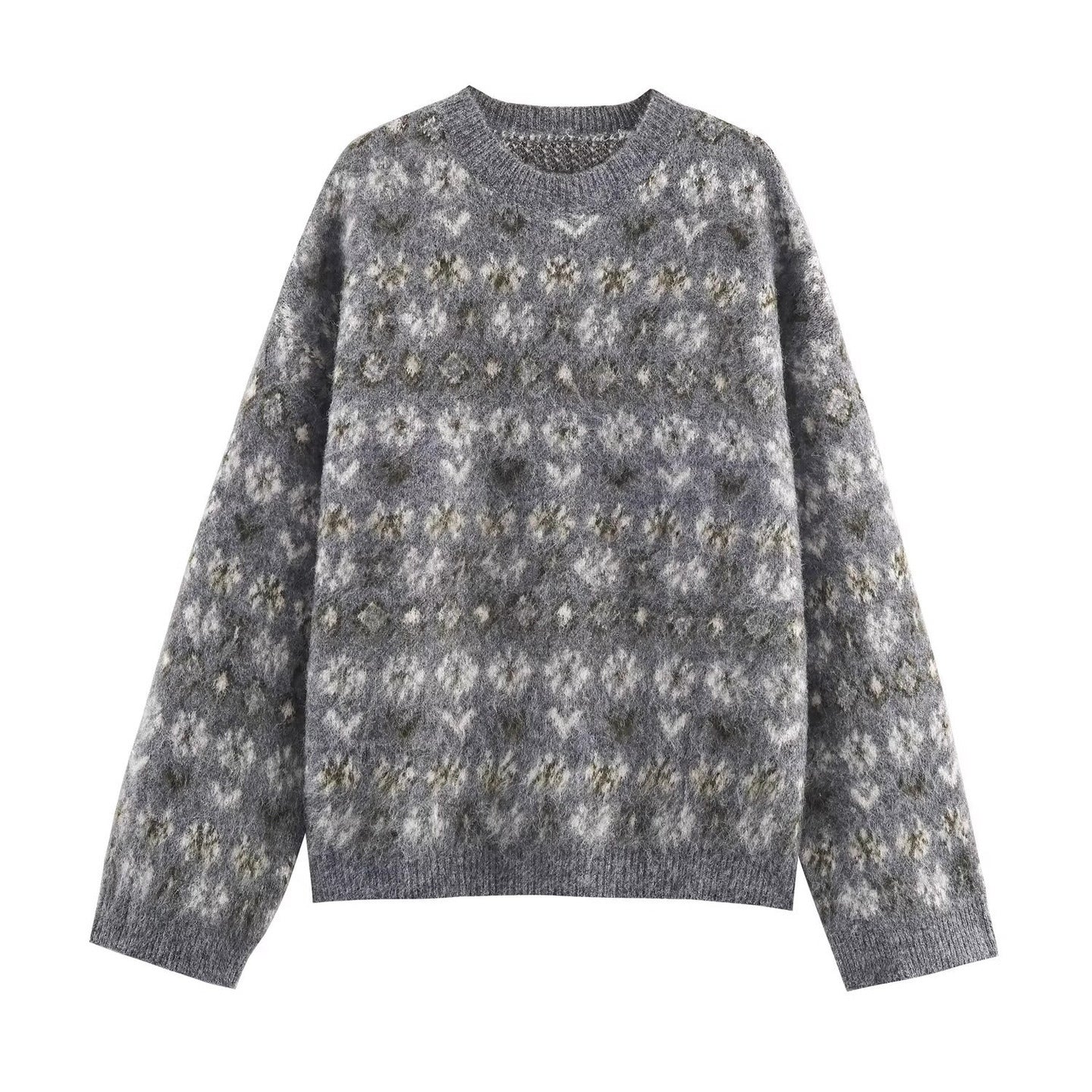 Women Oversize Jacquard Sweater made of soft Mohair mix with round neck Chichicherry