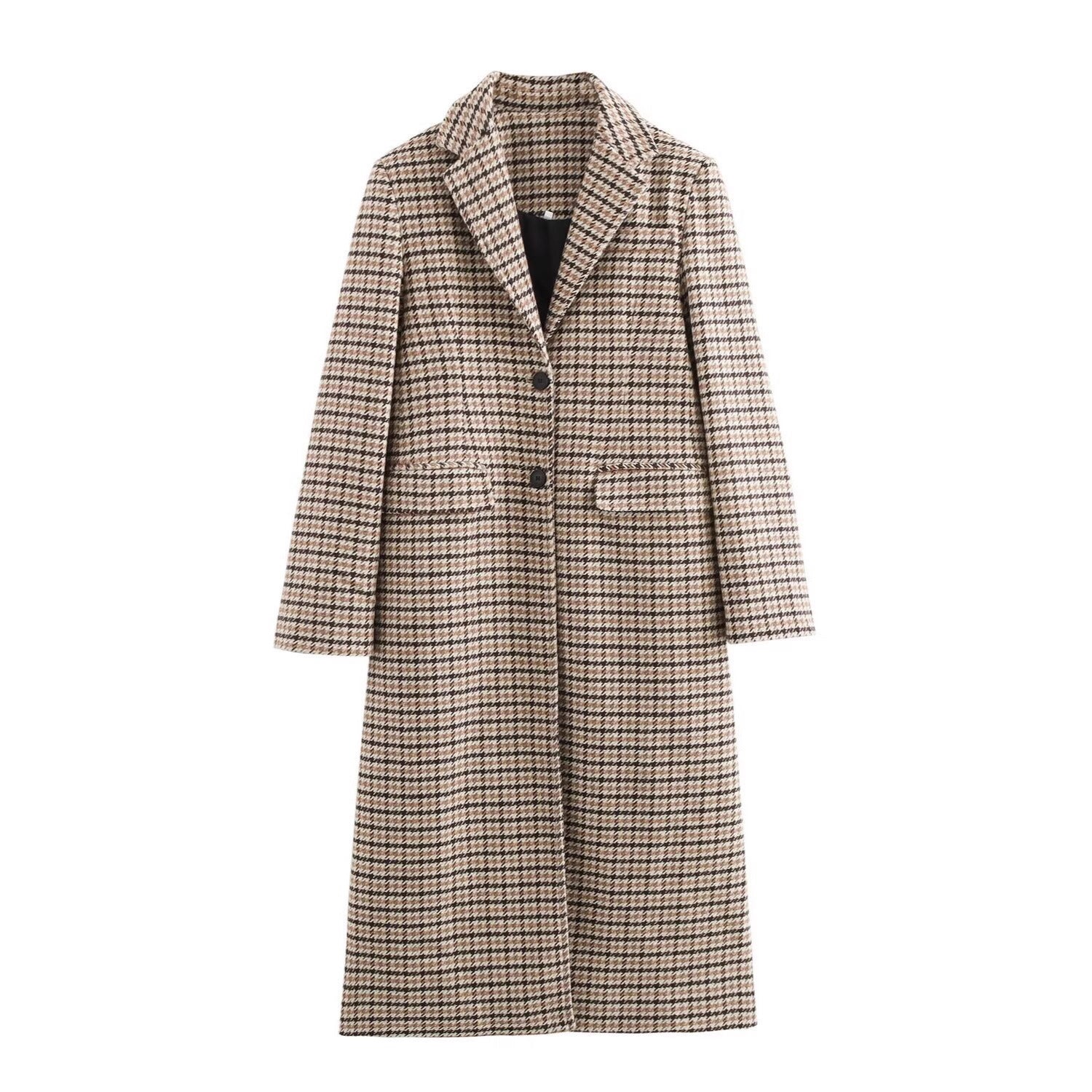 Women Long Houndstooth Coat with Lapel Collar, Two-Button Closure and Flap Pockets Chichicherry