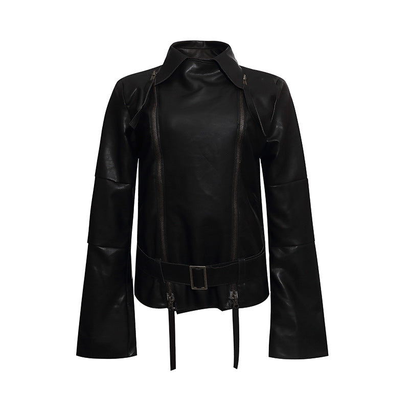 Women's Faux Leather Bondage Jacket with Extended Sleeves, Double Zippers and Waist Belt Chichicherry