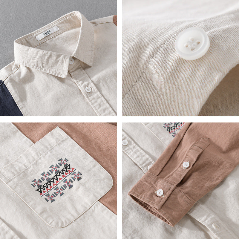 Men's Colorblock Shirt Jacket in Relaxed Fit with Chest Pocket and Ethno Embroidery Chichicherry
