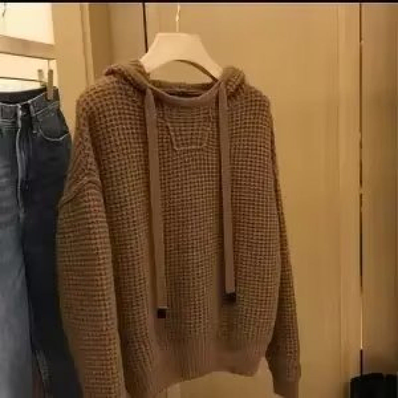 Damen Grobgestrickter Oversize-Kapuzenpullover mit Waffelstruktur und Kordelzug Chichicherry