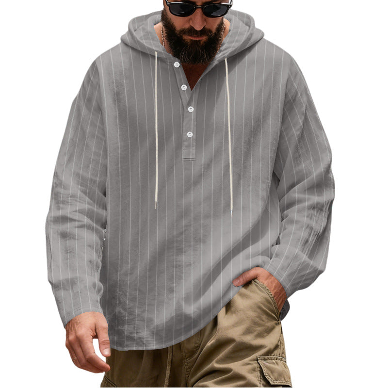 Men's Casual Hoodie Henley Shirt with Fine Pinstripes and Button Placket Chichicherry