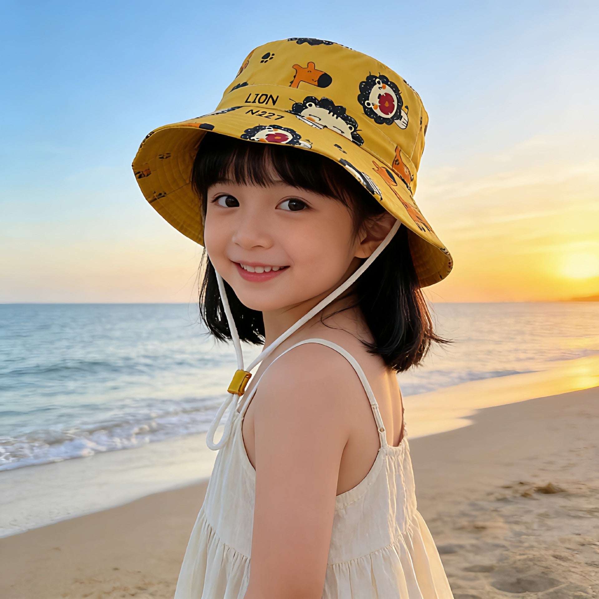 Unisex nan children's sun hat with adjustable chin strap, wide brim and imaginative unicorn print Chichicherry