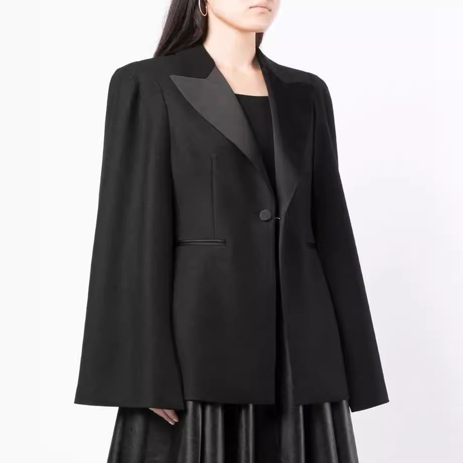 Women's Cape Blazer with Slits at the Sleeves and Satin Lapels Chichicherry