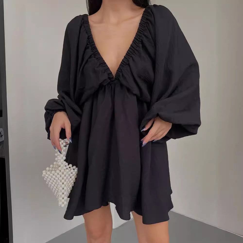 Damen Lockeres Minikleid mit tiefem V-Ausschnitt und Ballonärmeln Chichicherry