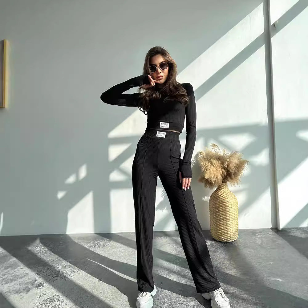 Damen Geripptes Zweiteiliges Loungewear-Set mit kurzem Langarmtop und High-Waist Weitbein-Hose Chichicherry