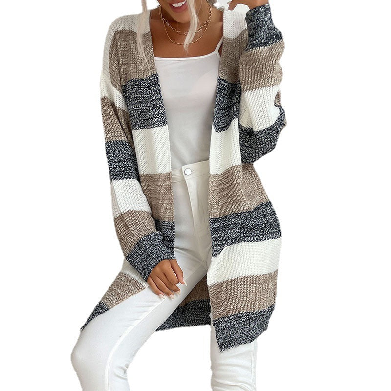 Women's Longline Knit Cardigan with Wide Block Stripes, Open Front and Dropped Shoulders Chichicherry