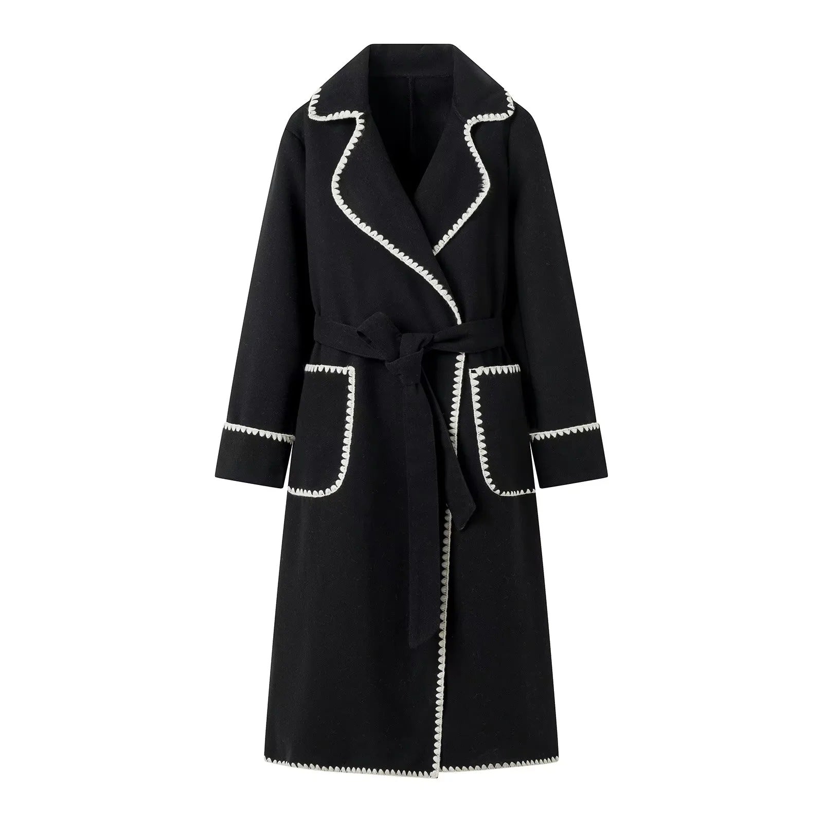 Women’s wrap coat made of wool blend with scalloped trim and tie belt Chichicherry