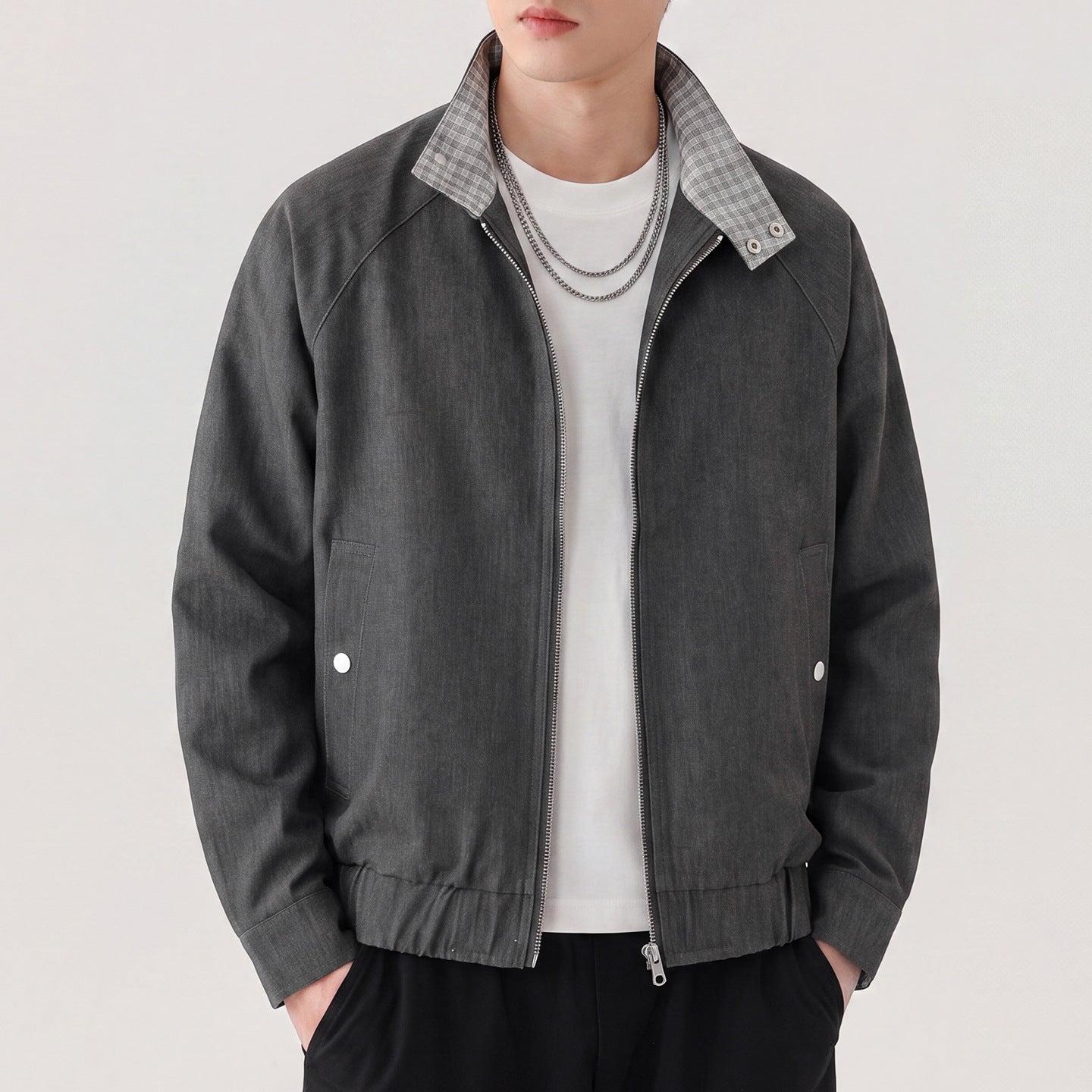 Men's lightweight bomber jacket with zipper and checkered stand-up collar Chichicherry