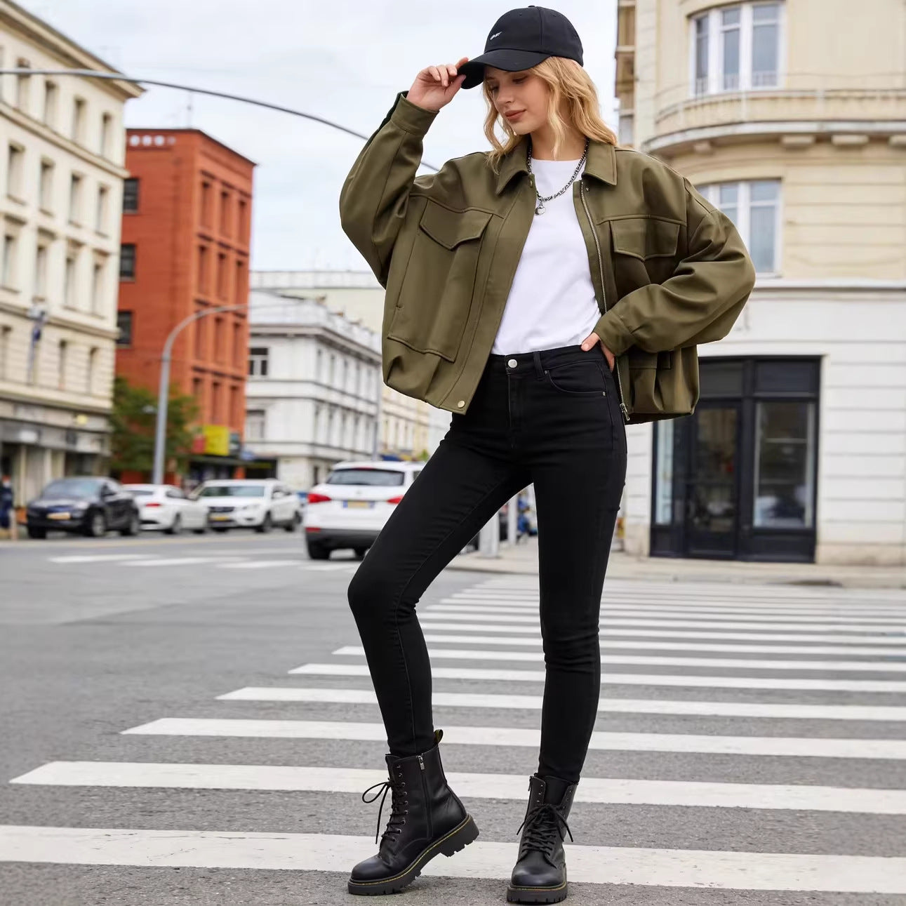 Women's Oversized Short Jacket with Flap Pockets, Drop Sleeves, and Elastic Hem Chichicherry