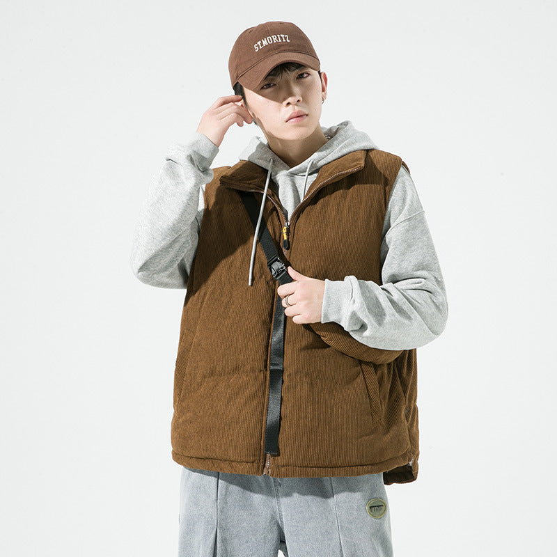 Men's Padded Fine Cord Quilted Vest with High Stand-Up Collar and Integrated Crossbody Fanny Pack Chichicherry