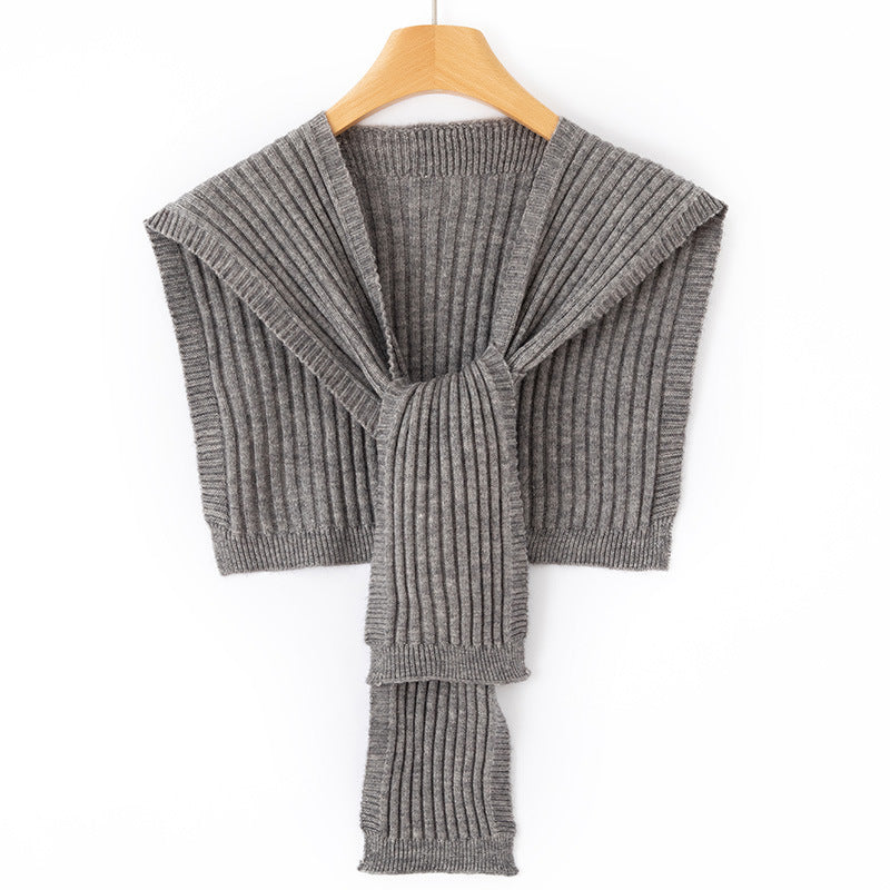 Ladies Short Ribbed Knit Shoulder Warmer with Integrated Scarf Chichicherry