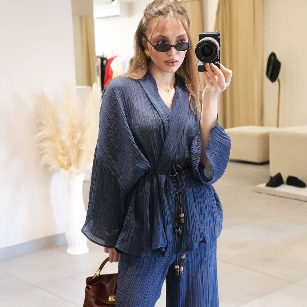 Women's Lightweight Crinkle Two-Piece with Wrap Top, Beaded Band & Wide Palazzo Pants Chichicherry