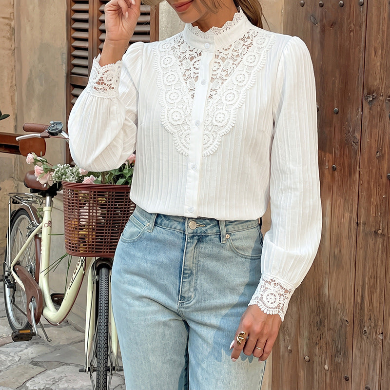 Ladies Elegant Victorian-inspired Lace Blouse with Stand Collar, Button Placket and Balloon Sleeves Chichicherry