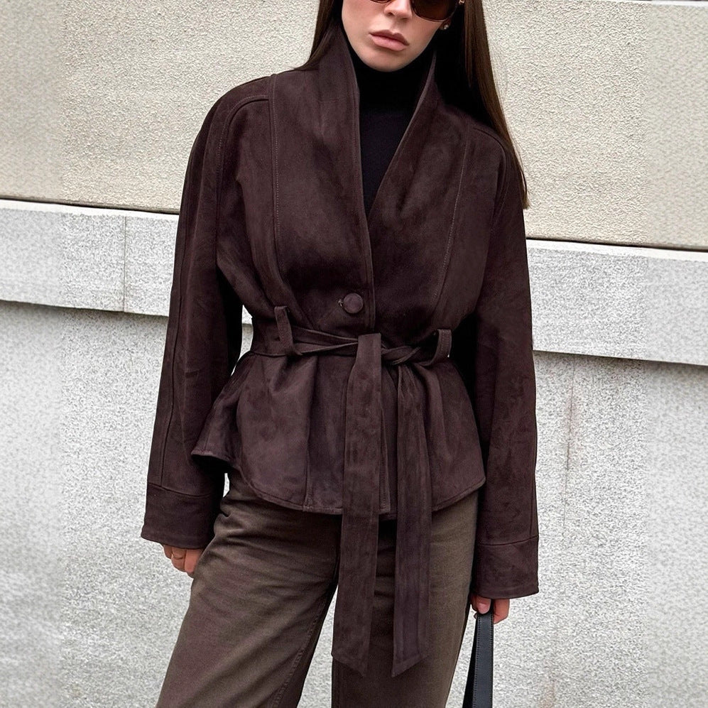 Women Velvet Leather Jacket with Shawl Collar and Tie Belt Chichicherry