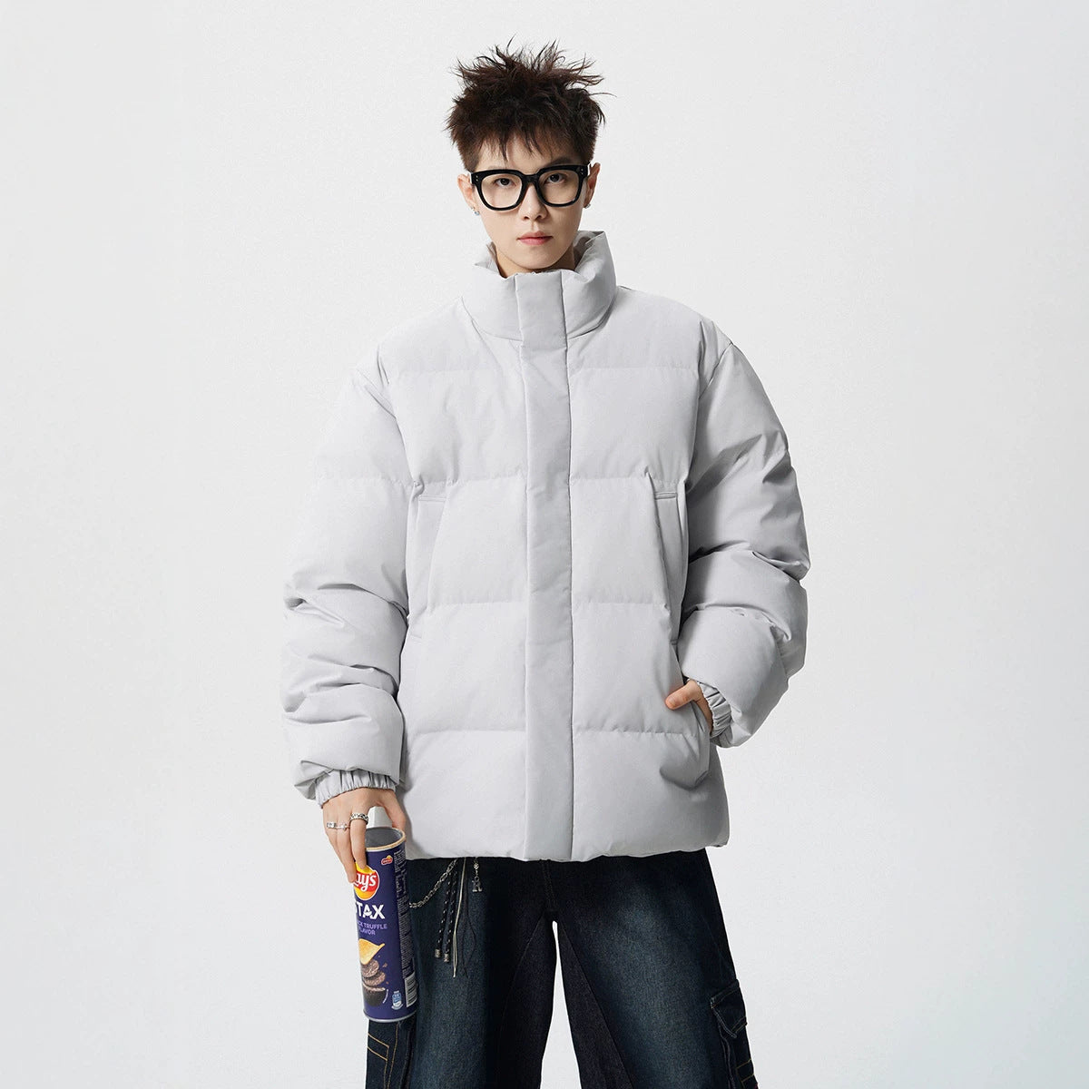 Men's Short Cut Oversized Quilted Jacket with High Collar Chichicherry