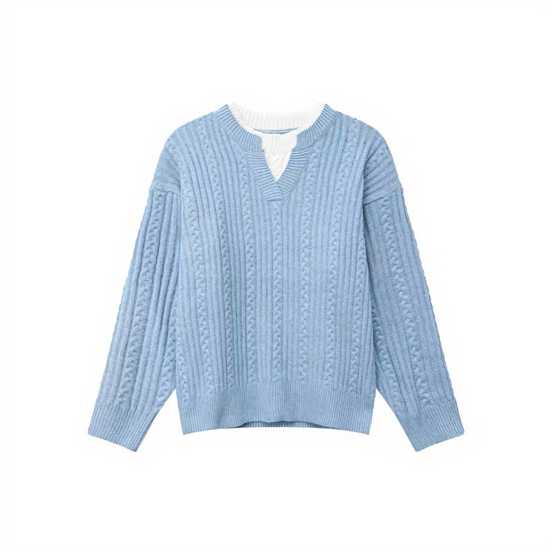 Damen Grobgestrickter Zopfmuster-Pullover mit V‑Ausschnitt und Lagen‑Optik Chichicherry