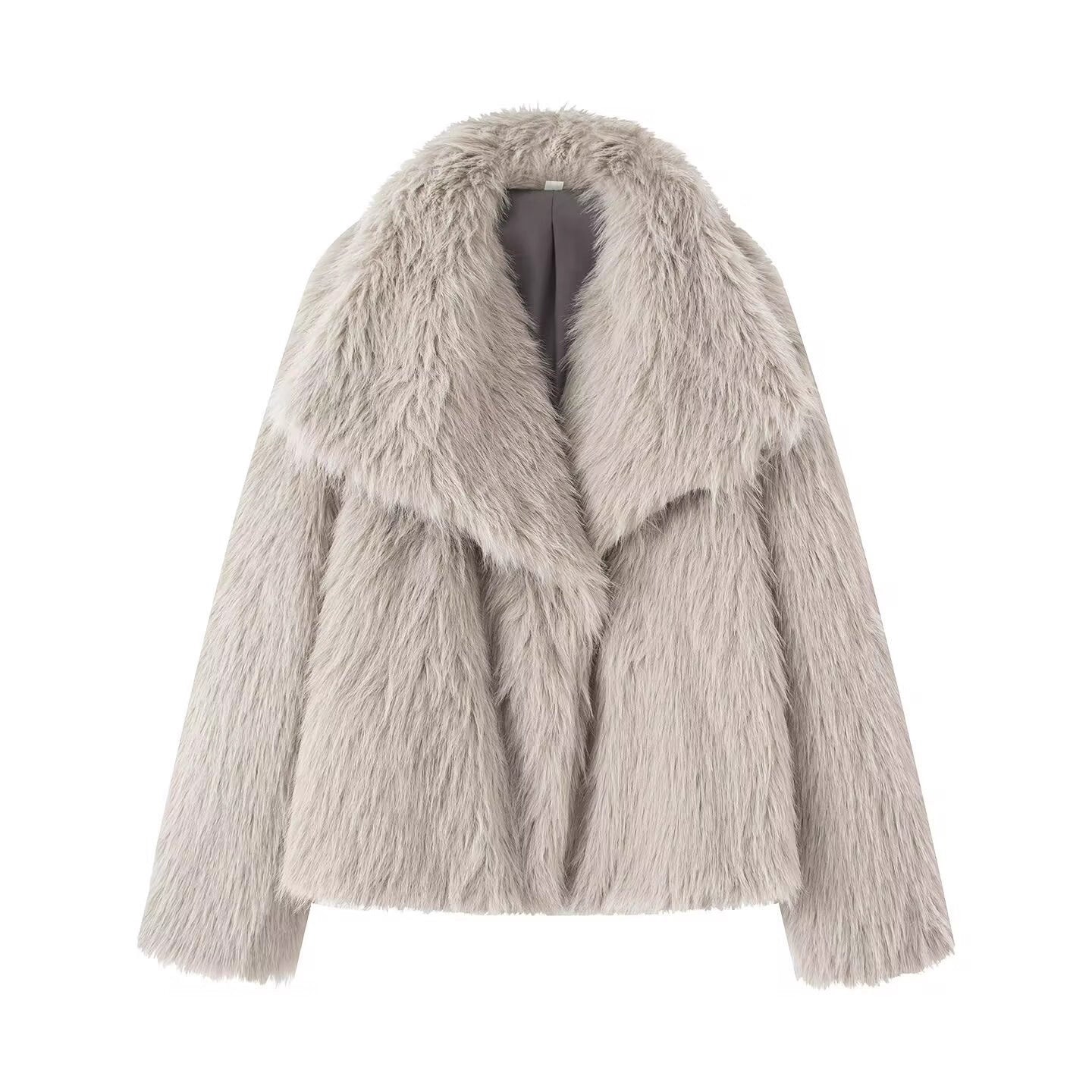 Women's Short Boxy Faux Fur Coat with Generous Shawl Collar and Soft Lining Chichicherry