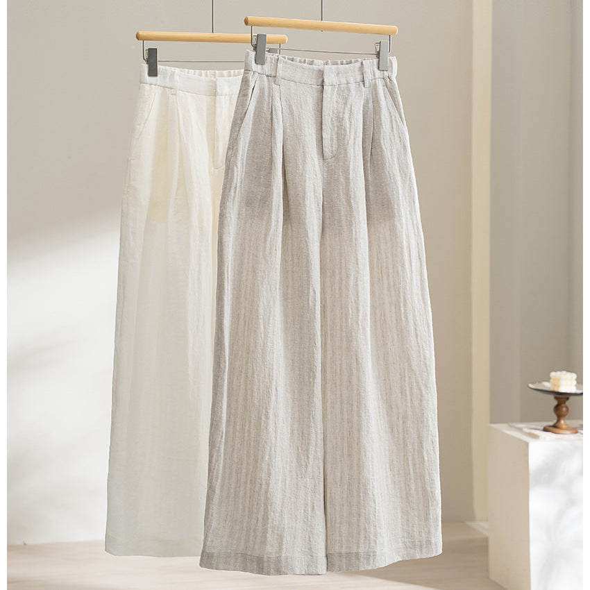 Women's Lightweight Linen Trousers with Wide Leg, Pleats and Elastic Back Chichicherry