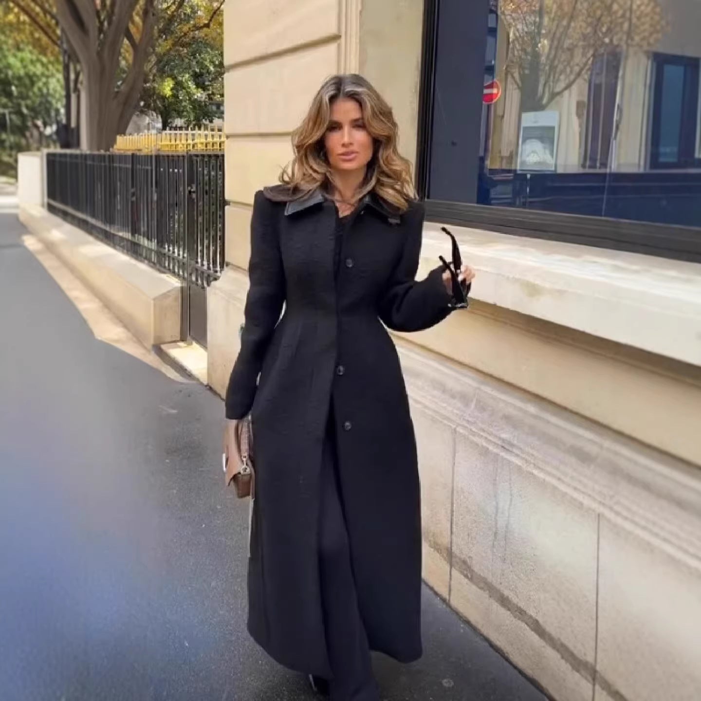 Women Tailored Maxi Long Wool Blend Coat with Leather Collar and Full Button Placket Chichicherry