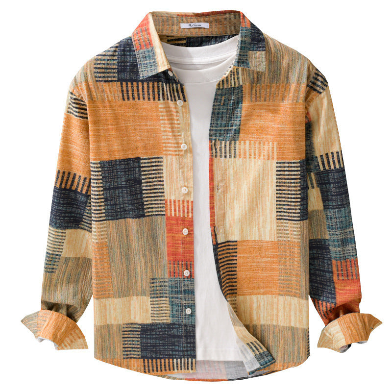 Men's Patterned Long Sleeve Shirt in Patchwork Look made of Light Cotton Mix Relaxed Fit Chichicherry