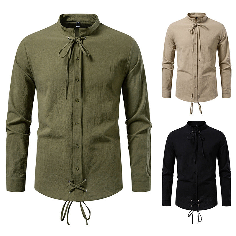Men's Tailored Long Sleeve Shirt with Stand-Up Collar and Decorative Lacing Chichicherry