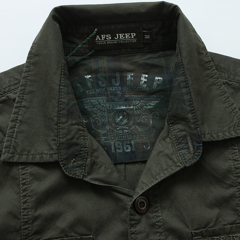 Men's Long-Sleeved Canvas Field Shirt with Chest Patch Pockets and Military Details Chichicherry