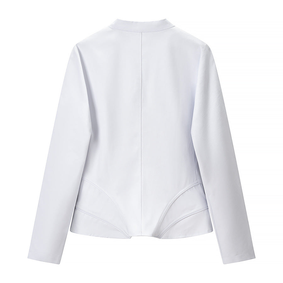 Women Tailored Short Jacket with Stand Collar and Contouring Darts Chichicherry