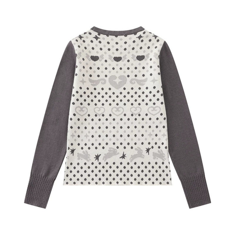 Ladies fine knit pullover with jacquard motif, round neckline and contrast sleeves Chichicherry