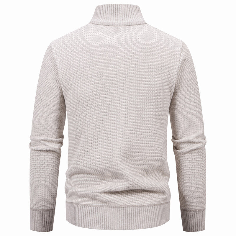 Men's Textured Zip Knit Cardigan with Stand Collar, Waffle Texture and Zipper Pockets Chichicherry