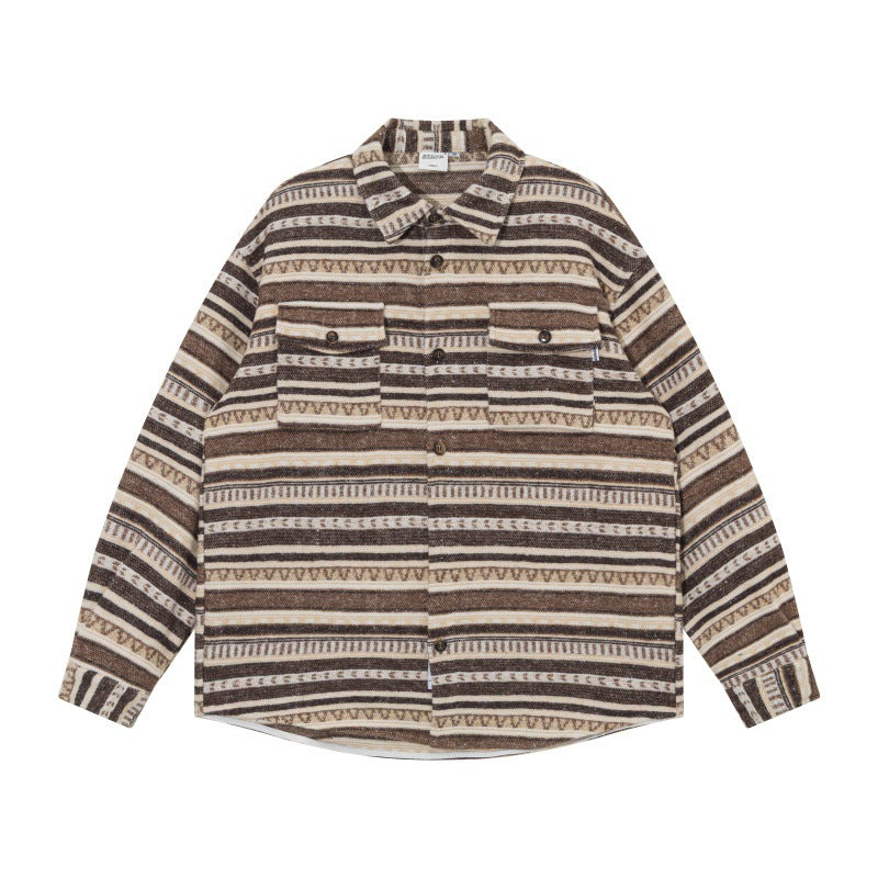 Unisex Oversize Knit Shirt Jacket in Ethnic Stripe Pattern with Flap Pockets Chichicherry