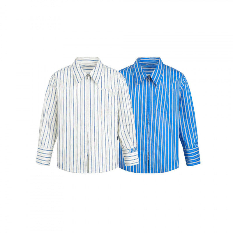 Women's Striped Oversized Blouse Shirt with Concealed Zipper and Chest Pocket Chichicherry