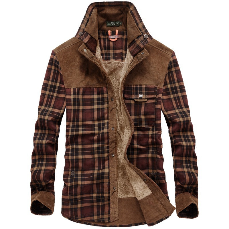 Men's checked thermal shirt jacket with teddy lining and cord shoulder yoke Chichicherry