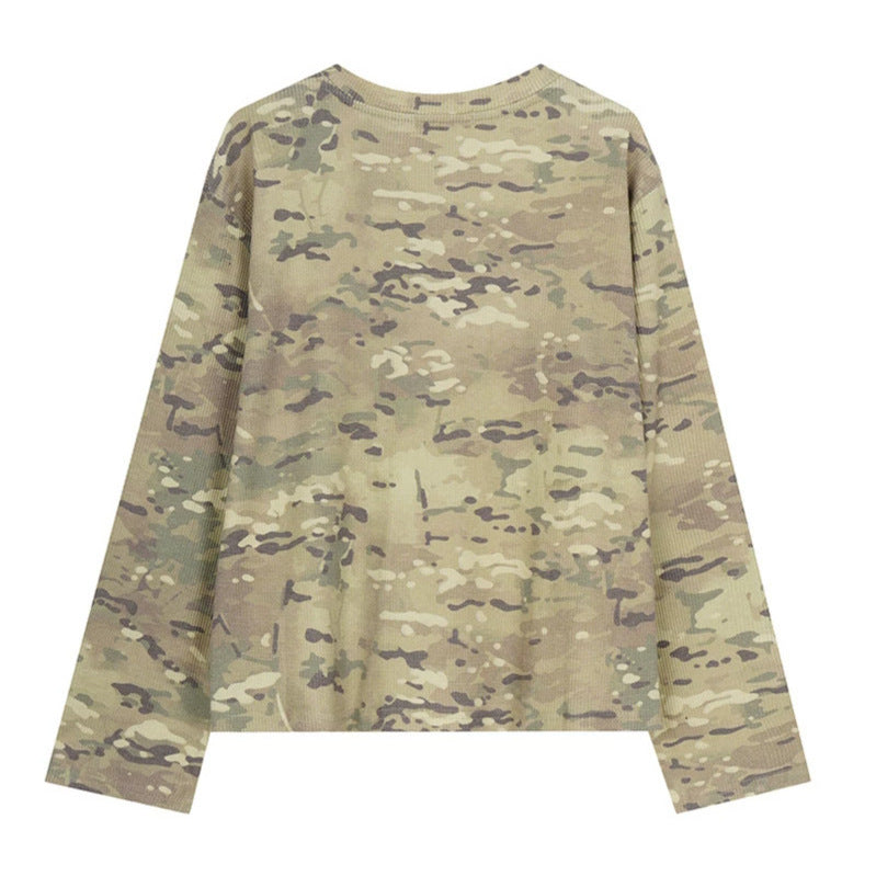 Women's Long Sleeve Henley Shirt in Waffle Knit with Military Camouflage Print and Button Placket Chichicherry