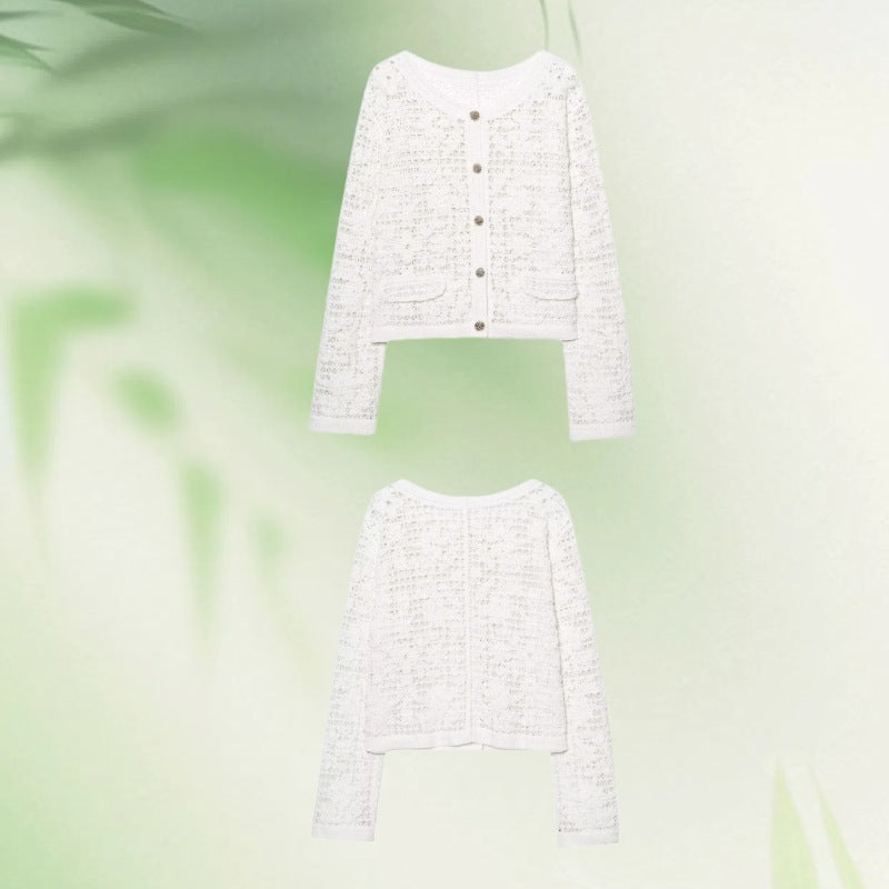 Women's Crocheted Short Jacket in Boucle Look with Decorative Buttons and Patch Pockets Chichicherry