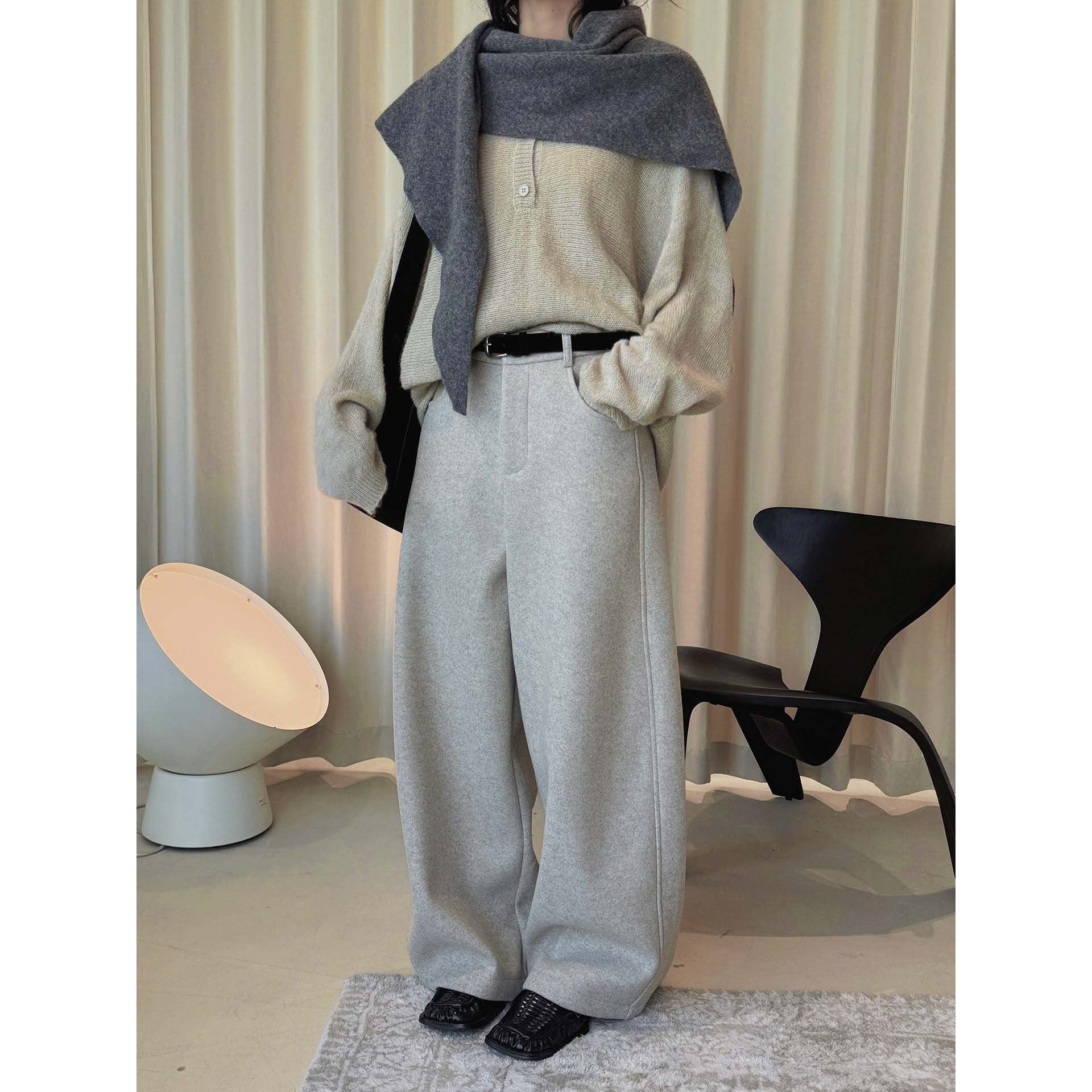 Ladies Wide Wool Blend Palazzo Trousers with High Waist, Pleats and Side Pockets Chichicherry