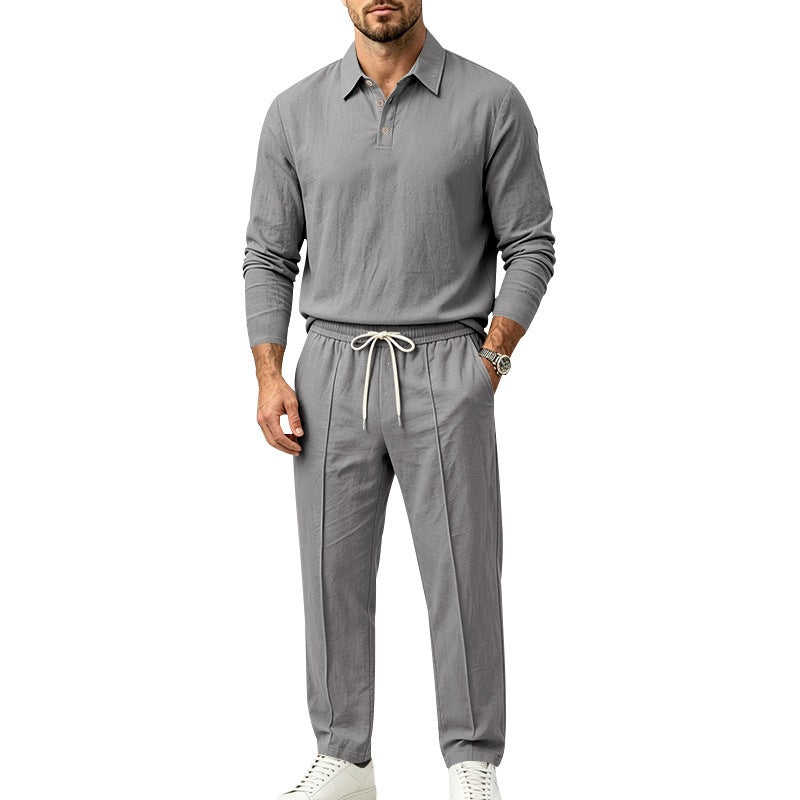 Men's Lightweight Linen Lounge Set with Henley Collar and Elastic Waist Pants Chichicherry