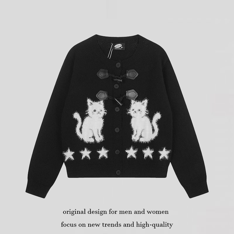 Women's cardigan with cat jacquard, decorative toggle closure and star trim Chichicherry