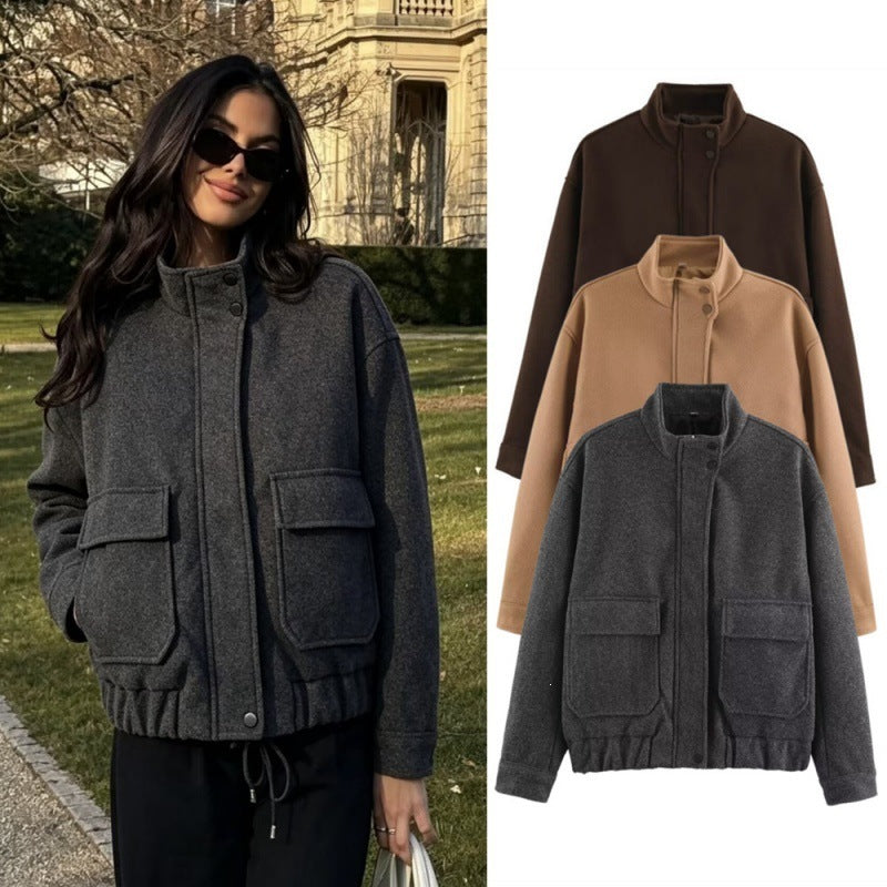 Women's Boxy Wool Blouson with Stand-up Collar, Large Flap Pockets and Elastic Hem Chichicherry