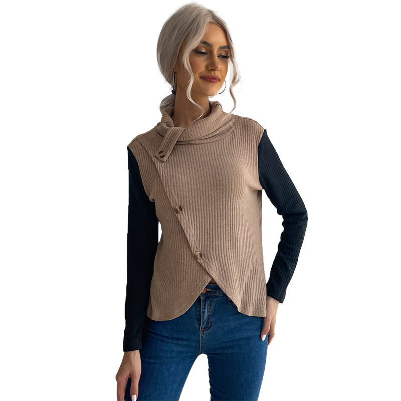 Women’s Asymmetrical Rib Knit Top with Button Detail and Stand-Up Collar Chichicherry