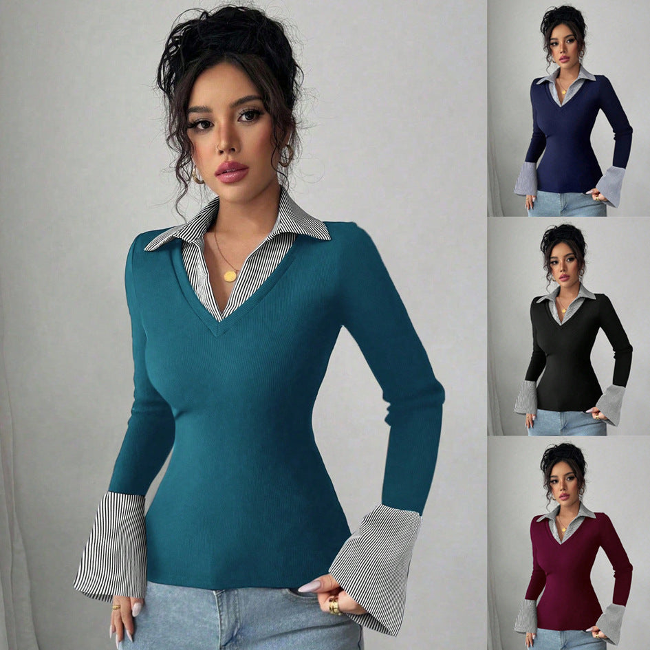 Ladies fine knit sweater with integrated shirt collar and striped cuffs Chichicherry