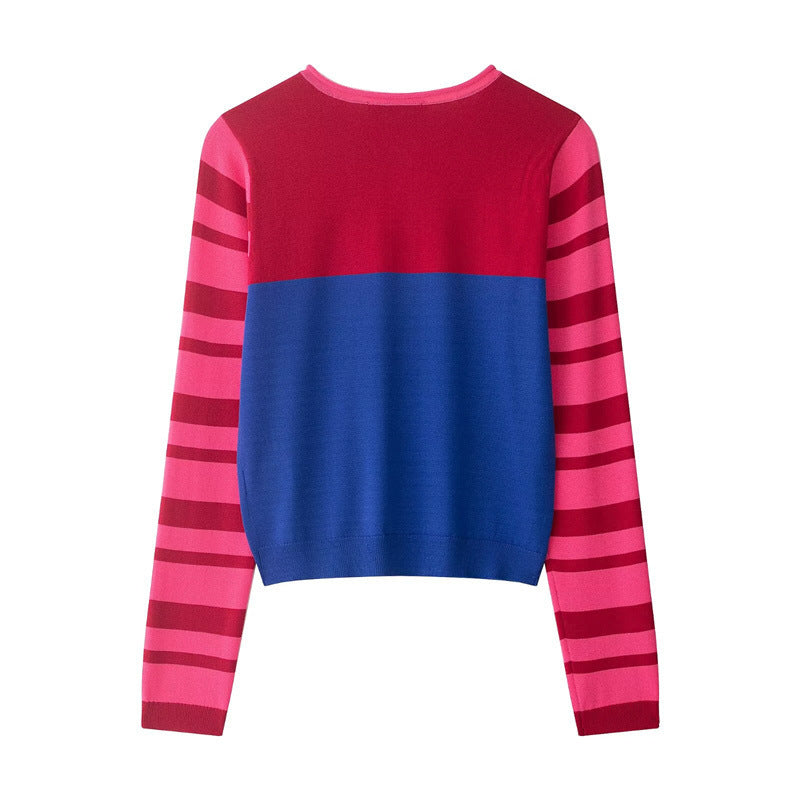 Women Cropped Cardigan with Color Block Design and Striped Sleeves Chichicherry