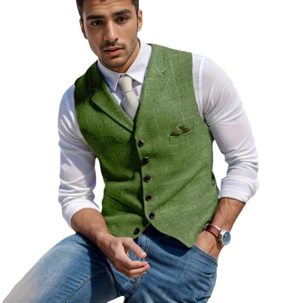Herren Tweed-Weste im Vintage-Stil mit Revers, Brusttasche und Zierkettendetail Chichicherry