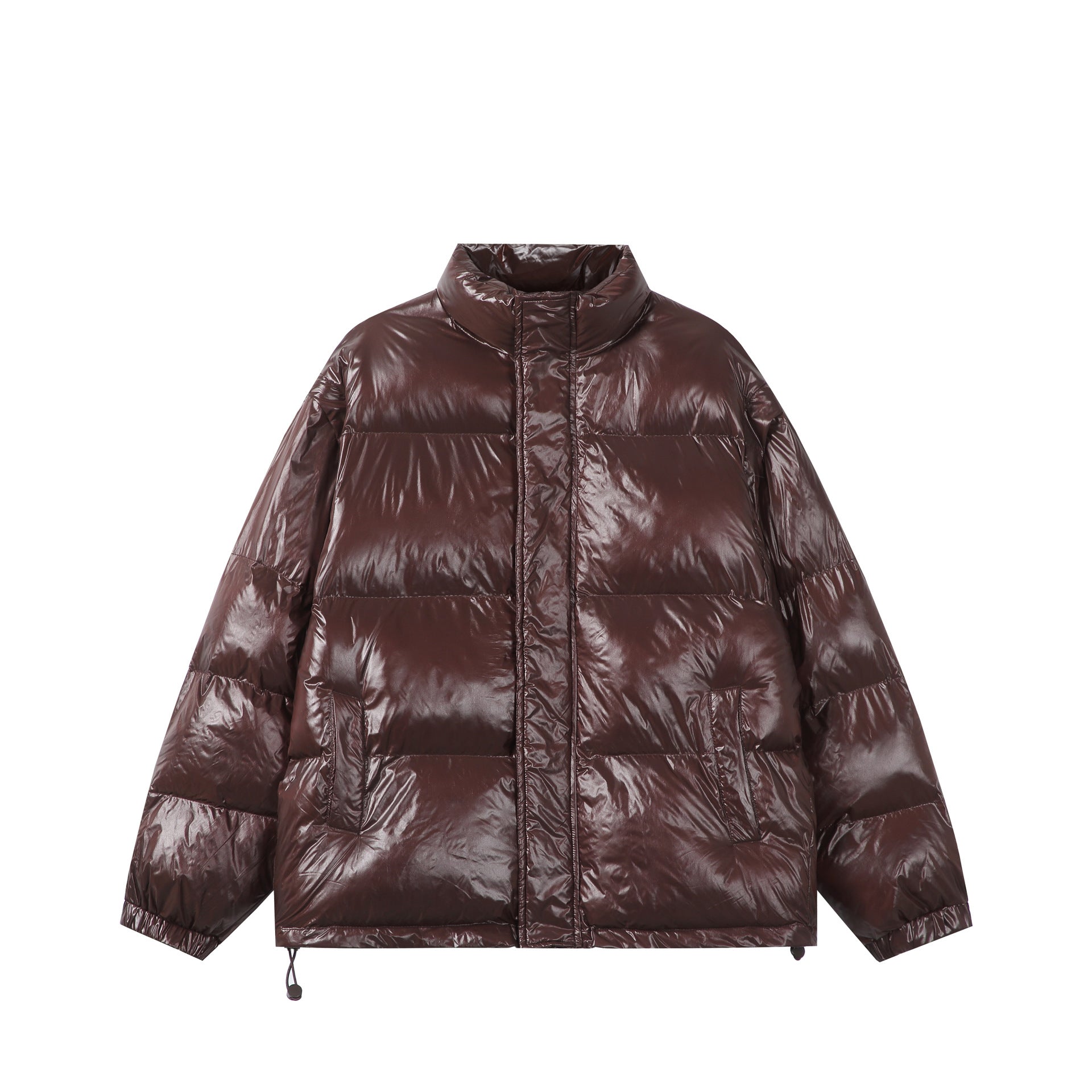 Unisex Shiny Boxy Quilted Oversized Puffer Jacket with High Stand-up Collar Chichicherry